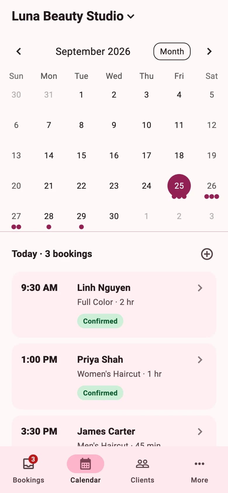 Calendar in the BookVAO app